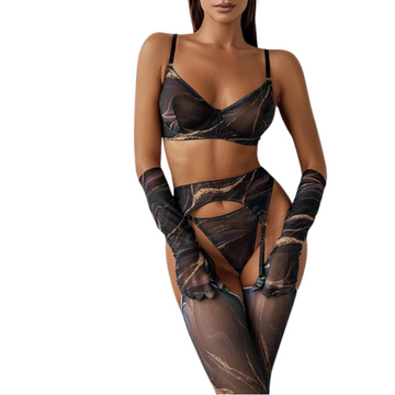 Chic Sheer Mesh Lingerie Set with Garter Belts and Gloves - EVE's SECRETS